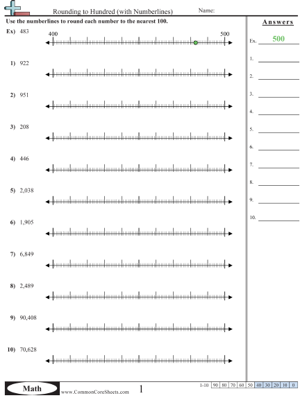 Rounding to Hundreds with Numberline Worksheet - Rounding to Hundred (with Numberlines)  worksheet